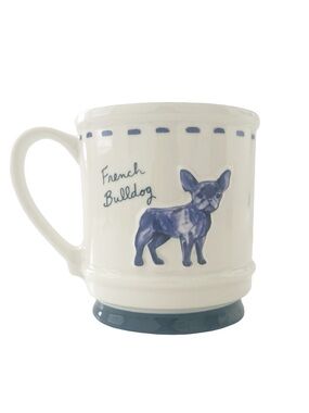 Dwell Studio French Bulldog Embossed Ceramic Mug Blue/White NWT